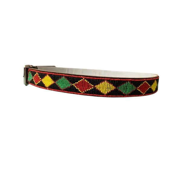 Beaded Leather Waist Belt Handmade Size 38 Red Yellow Green Boho Hippie Festival - Picture 4 of 10